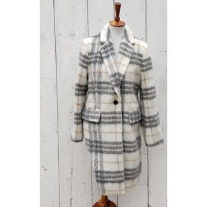 BCBG Maxazria Ivory Grey Plaid Coat Peacoat W Pockets Button Closure Sz XS NEW